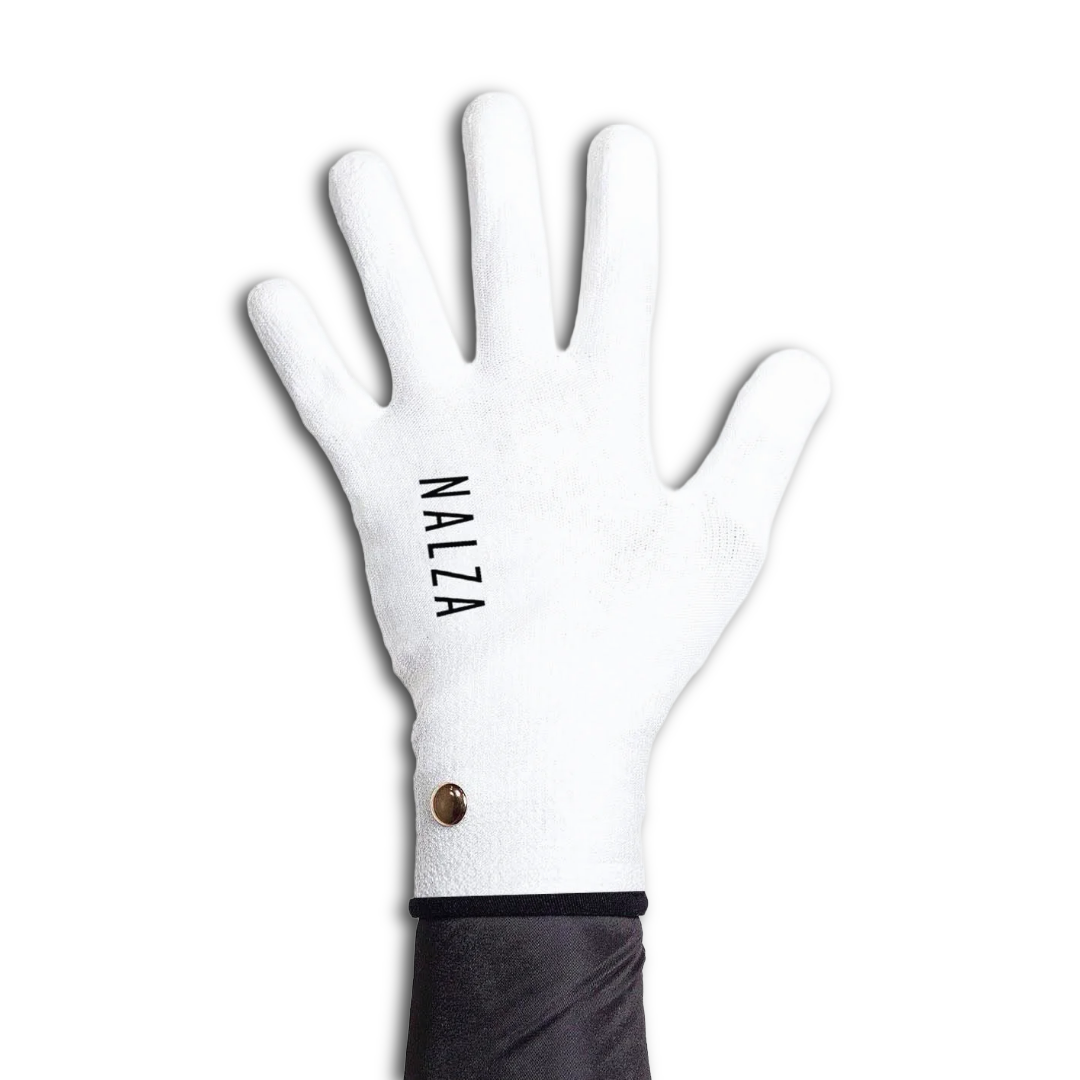 White NALZA cut-resistant speed skating glove with magnetic button closure on a white background.